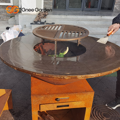 Odun Yanan Corten Çelik Açık Barbekü Masası Ateş Çukuru Kömür Barbekü Izgarası